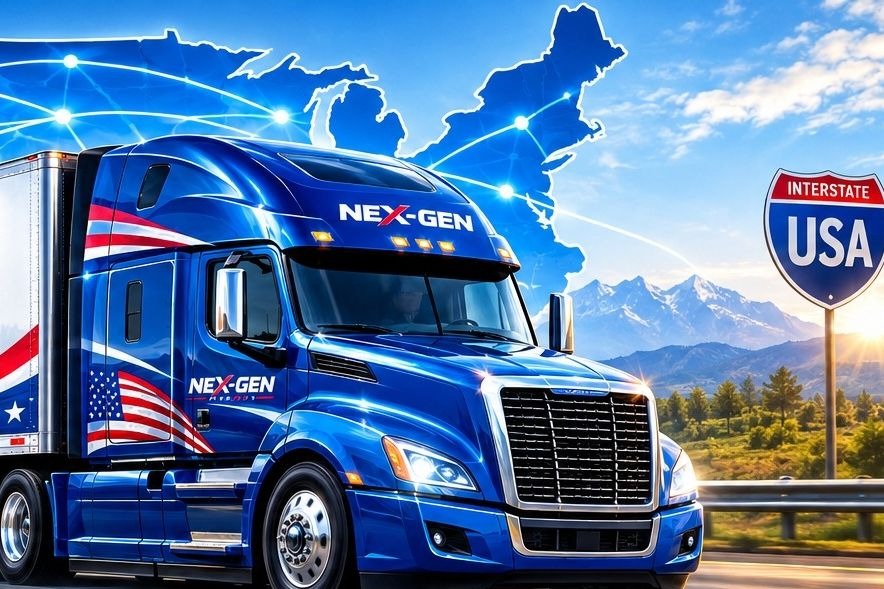 A Nex-Gen Transport truck and trailer running a highway beneath a blue map of the United States