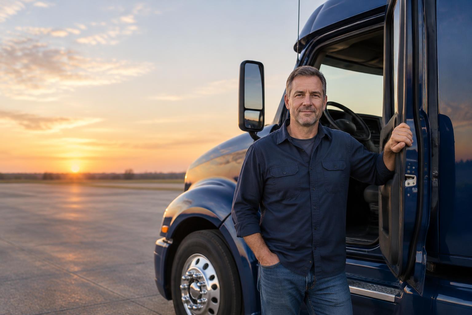 A professional truck driver standing beside the open cab door of his truck in early morning light