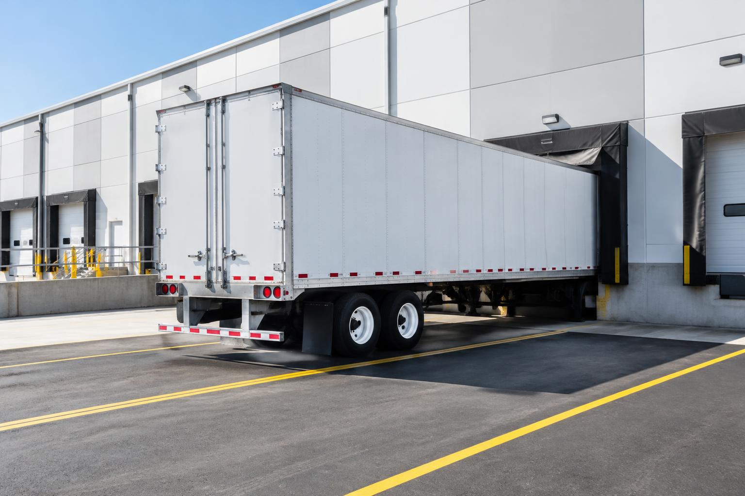 A white 53-foot dry van trailer backed into a distribution center loading dock in bright morning light