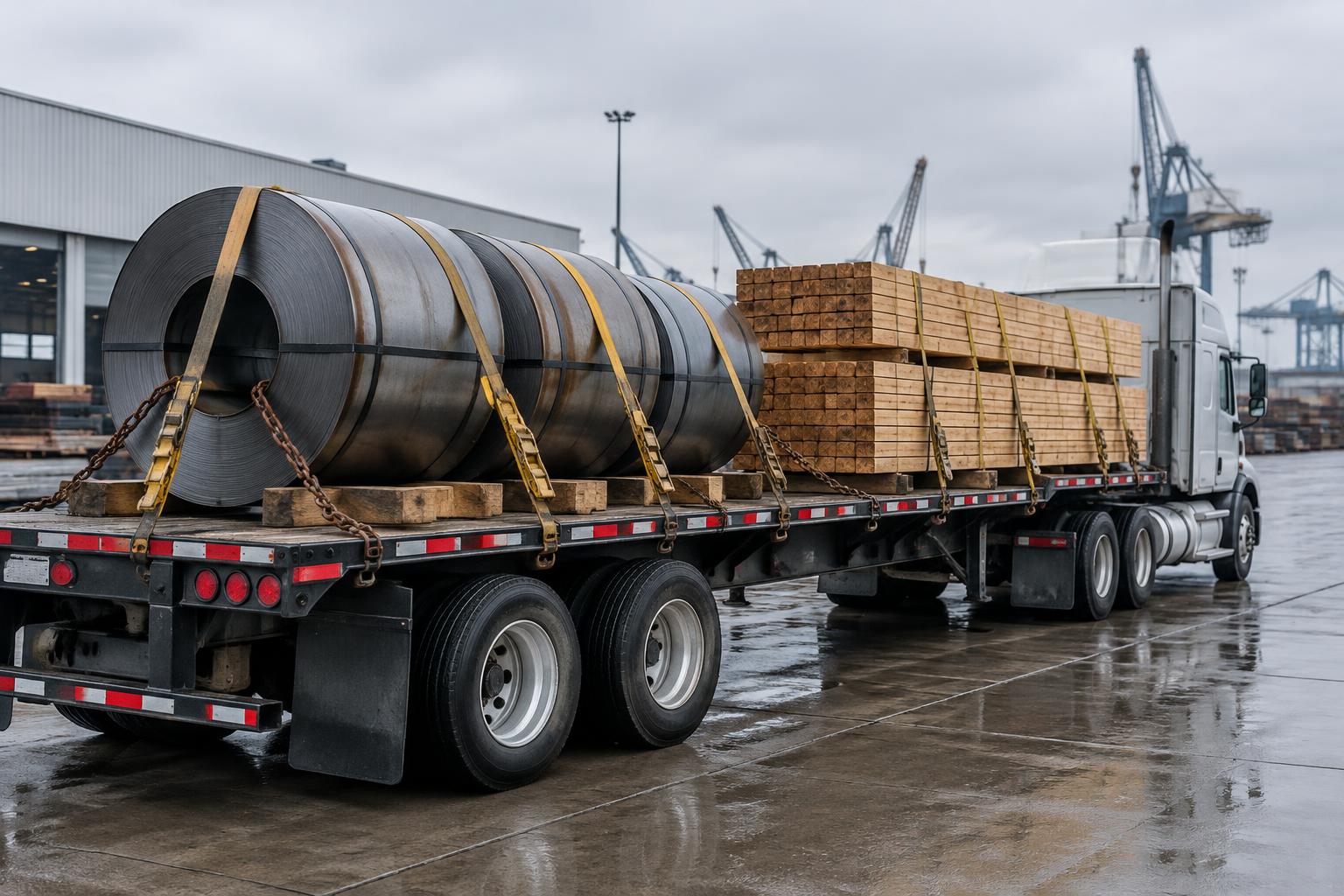 A flatbed trailer loaded with steel coils and stacked lumber, secured with straps and chains