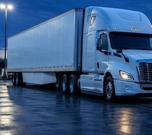 A single semi truck and trailer parked on wet pavement before sunrise