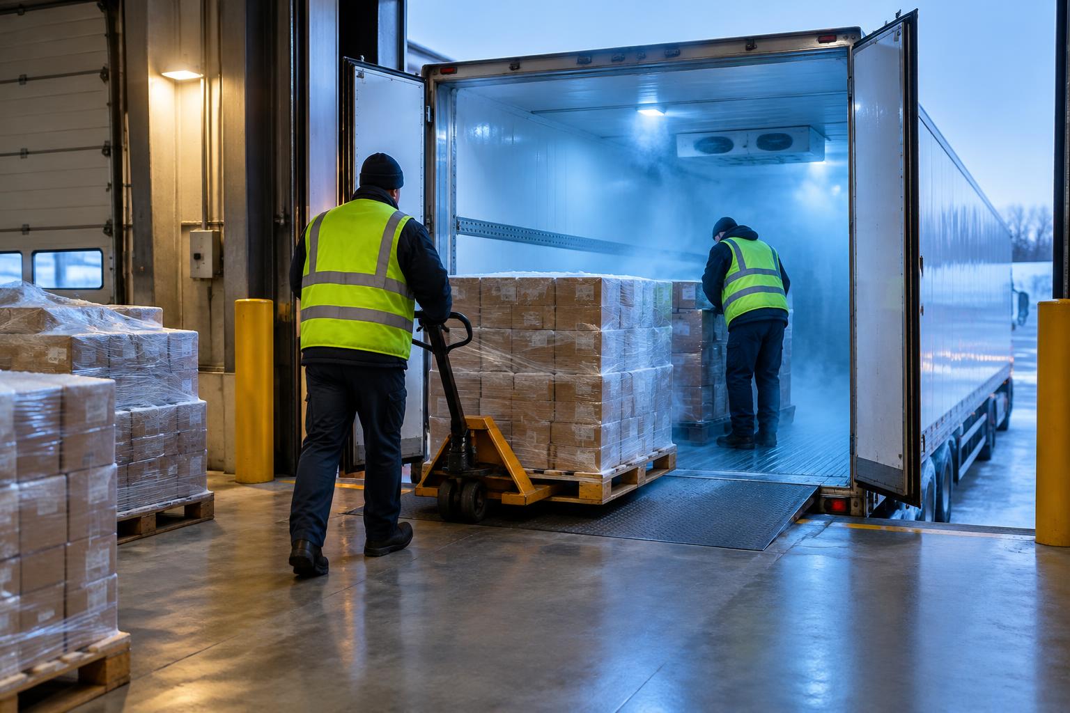 Warehouse crew loading palletized frozen goods into the back of a refrigerated trailer at a dock